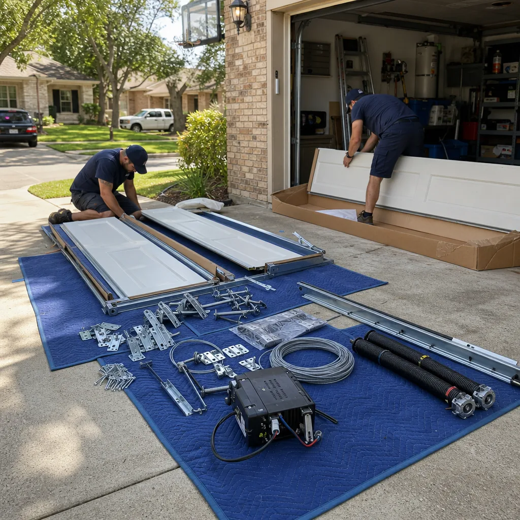 Professional garage door installation technicians working on a driveway.