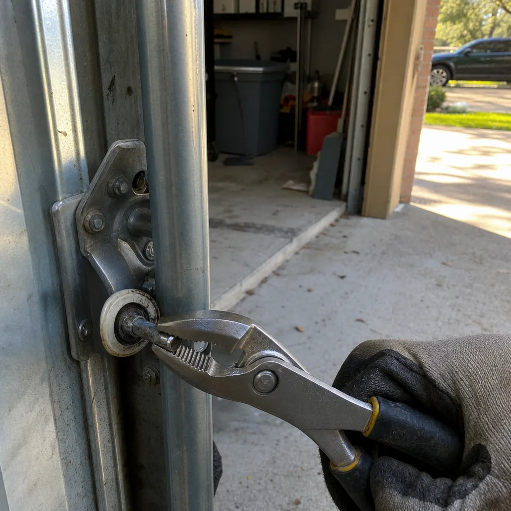 Professional garage door roller repair using pliers