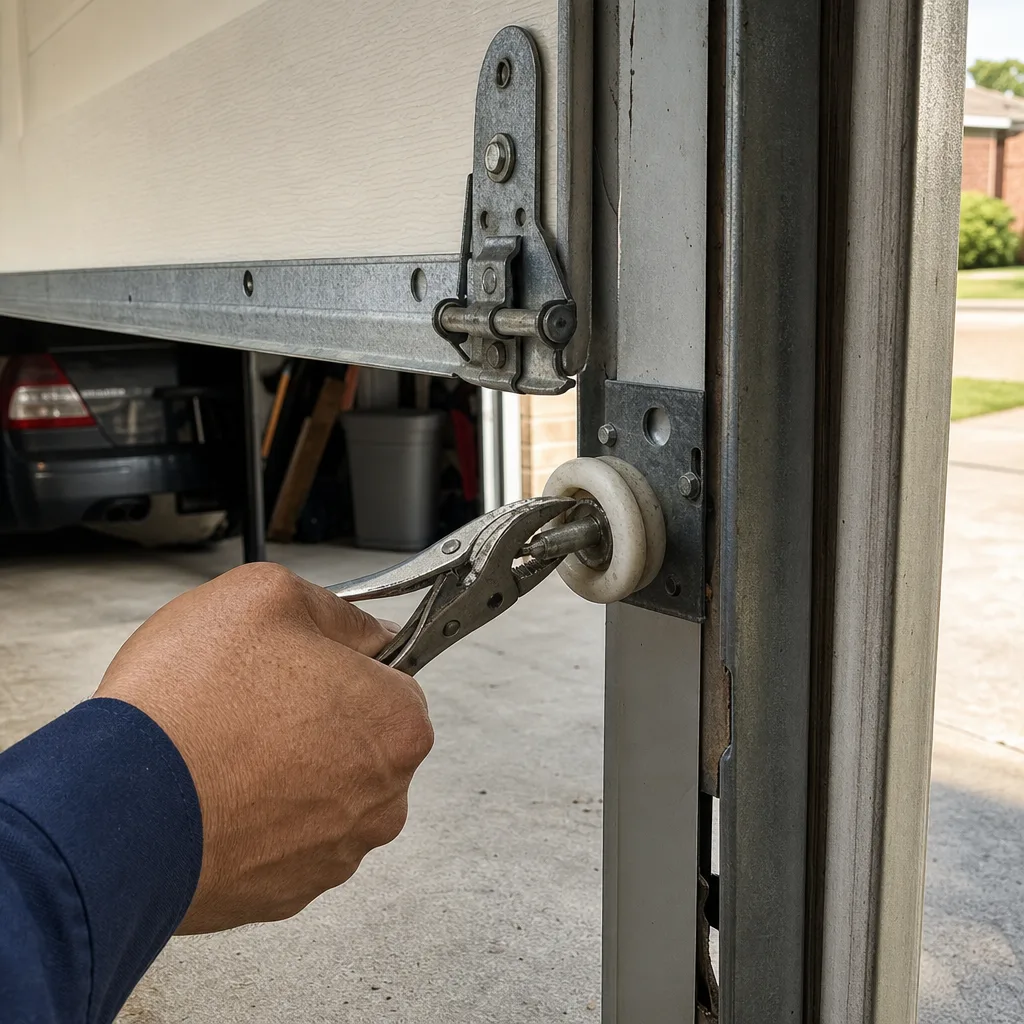 Technician using pliers to repair a garage door roller