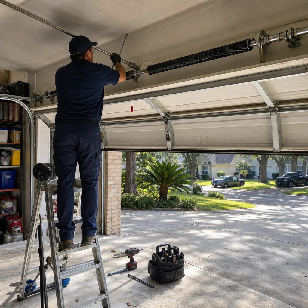 Professional technician performing garage door spring repair on a ladder