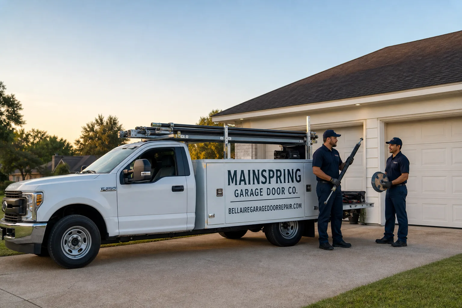 Mainspring Garage Door Co. garage door service vehicle and crew in Bellaire, TX
